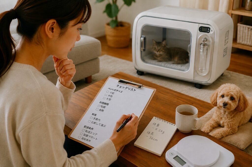 利用期間別にペット用酸素室レンタル会社を比較するイメージ